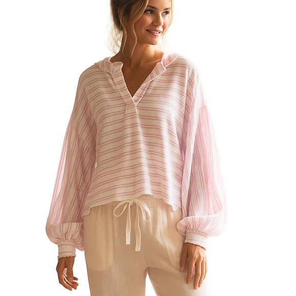 Pink and White Striped Terry Cloth Oversized Boxy Fit Balloon Sleeve Top Size L - Picture 1 of 5